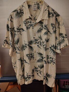 Mans Hawaiian Shirt Cream w/Green Palm Leaves 2XL KingsBridge Silk/Cotton China